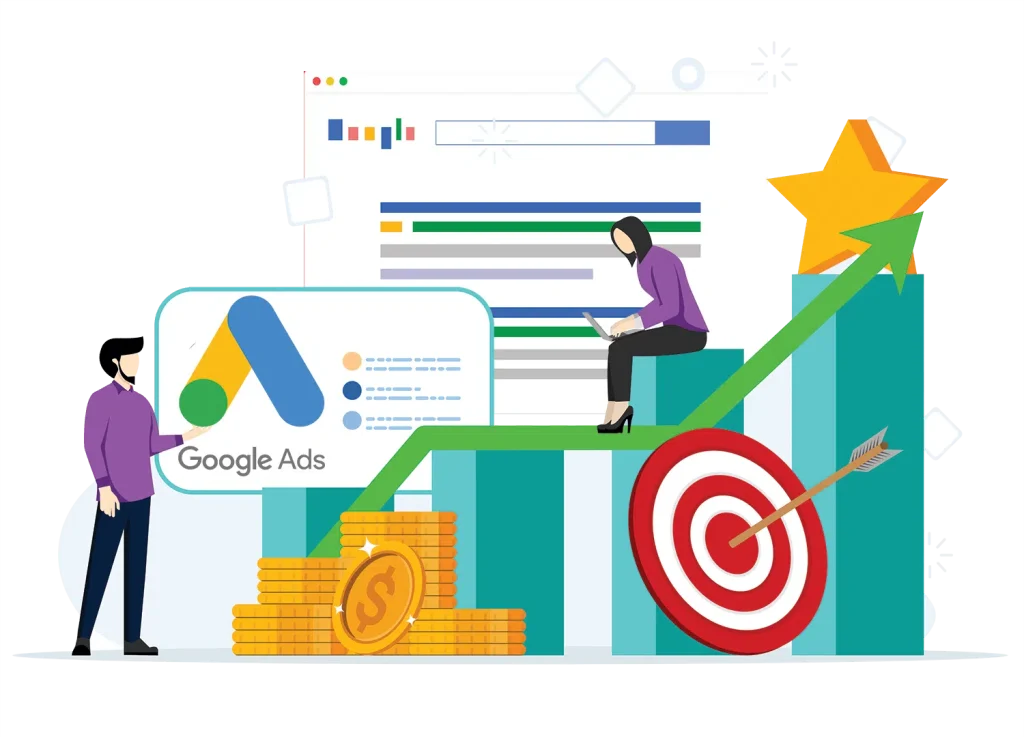 Google Ads campaign optimization and performance marketing illustration with analytics dashboard
